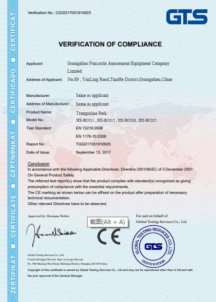 China Guangzhou Funcastle Amusement Equipment Co., Ltd Certificaten